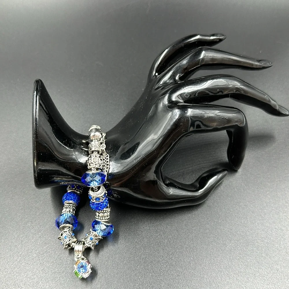 Blue Crystal and Silver Tone Slider Charm Bracelet Safety Chain